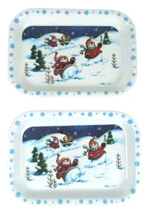 Melamine Ware Set of 2 Winter Snowman Appetizer Snack Tray  9" x 6 1/4" Vintage - Picture 1 of 5