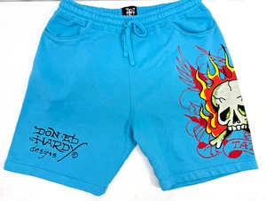 ED HARDY Herren Größe Large blau Totenkopf Tattoo Jogginghose Shorts - Bild 1 von 9