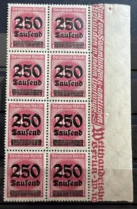 1923 German Empire 250 Laufend Overprint MNH Stamps Margin Block Germany Reich - Picture 1 of 2