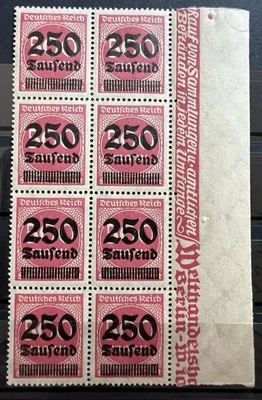 1923 German Empire 250 Laufend Overprint MNH Stamps Margin Block Germany Reich - Image 1 of 2