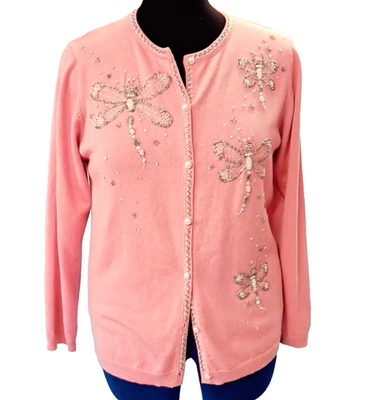 DE COLECCIÓN BOB MACKIE SUÉTER ROSA CÁRDIGAN Cuentas Perlas Libélula Bordado Talla L Foto 1 de 4