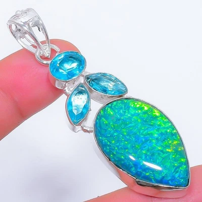 Tripletta Fuoco Opale, Topazio Blu Gemma 925 Argento Sterling Gioielli Ciondolo - Immagine 1 di 4