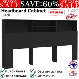 Wooden Headboard Cabinet Bed Storage Shelf Head Bedhead Black 200x19x103.5 cm - Picture 1 of 11