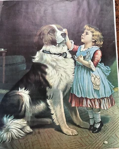 ANTIKER DRUCK--ENTZÜCKENDES KLEINES MÄDCHEN MIT Bernhardiner - Bild 1 von 2
