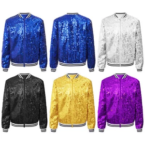 Girls Sequin Baseball Jacket Long Sleeve Zipper Bomber Jacket Glitter Disco Coat - Picture 1 of 54