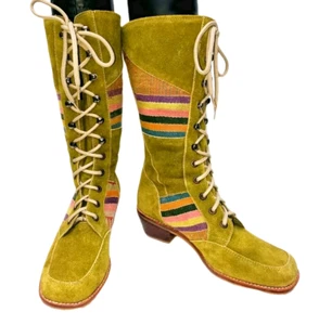 Bohemian Handmade Green Suede and Woven Fabric Boots Women Guatemala Sz 6 NEW - Picture 1 of 13