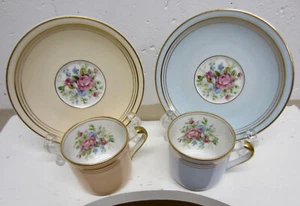 Pair CHARLES AHRENFELDT LIMOGES Blue & Peach Espresso Demitasse Cups & Saucers - Picture 1 of 13