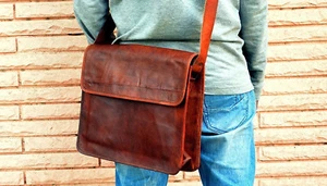 Borsa messenger da uomo vintage in pelle marrone borsa a tracolla in vera pelle. - Foto 1 di 5