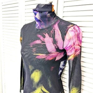 Fuzzi by Gaultier Collo Alto Turtleneck Top Mesh Floral Long Sleeve Black Medium - Picture 1 of 15