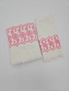 Vtg Royal Terry of California Bath & Hand Towel White Pink Embroidery MCM Retro - Picture 1 of 11