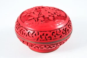 Vintage Hand Carved Red Cinnabar Blue Enamel & Brass Chinese Covered Trinket Box - Picture 1 of 8