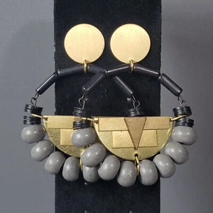 Pendientes Colgantes Tono Dorado Piedra Mediados de Siglo Modernista Boho 2.75" - Imagen 1 de 10
