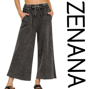 S-M-L  ZENANA ASH BLACK MINERAL WASH FRENCH TERRY WIDE LEG PANTS/CROP BHCS - Picture 1 of 3