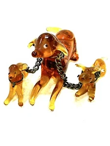 3 FIGURAS DE VIDRIO ARTÍSTICAS VINTAGE DE PERRO DE COLOR ÁMBAR Y 2 CACHORROS CON CADENAS - Imagen 1 de 7