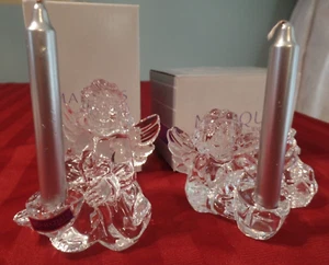 Pair Angel Mini Candleholders Marquis Waterford Crystal Sitting & Laying MIBs - Picture 1 of 4