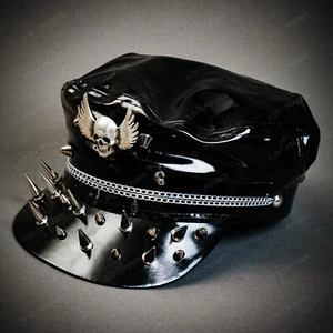 Military Police Spikes Skull Wing Punk Cap Hat Burning Man Punk Hat Black - Picture 1 of 13