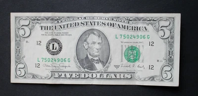 1988 A $5 San Francisco Federal Reserve Note/F-1980L/average circ/FREE SHIPPING! - Image 1 of 4