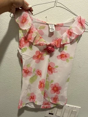 YOYO SEXY RUFFLE TRIM PLUNGE V NECK WORK PARTY SHEER MESH PINK FLOWER TOP NEW - Image 1 of 4