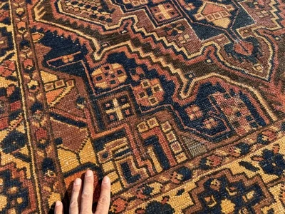 ALFOMBRA ANTIGUA DE LANA 5x8 anudada a mano DE COLECCIÓN hecha a mano geométrica usada antigua azul herez Foto 1 de 4