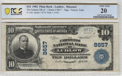 1902 Ludlow Missouri $10 National Banknote Charter 8657 PCGS Very Fine 20 - Image 1 of 2