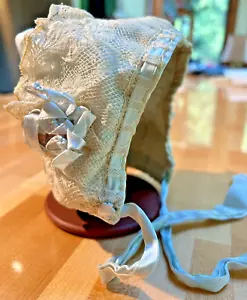 Vintage ANTIQUE VICTORIAN Blue SILK Newborn BABY BONNET w/ SATIN RIBBON & LACE - Picture 1 of 13