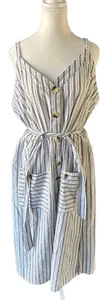 Mlle Gabrielle Dress Womens 1x Gray White Button Sleeveless Striped Belt Linen - Picture 1 of 15