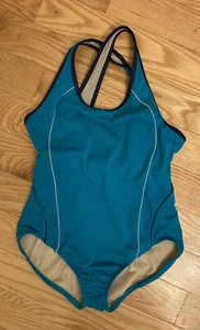 Size 6 Lands End Swimsuit 1-Piece Bra Shelf No Padding Wireless Racerback Teal - Picture 1 of 4