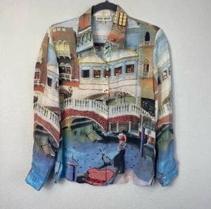 Vintage Nicole Taylor Silk Beaded Scenic Landscape Venice Italy Print Shirt Sz M - Picture 1 of 11