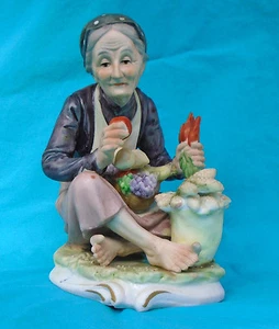 vintage LEFTON CHINA Hand-painted Ceramic Elderly Woman with Vegetables, 7" tall - Picture 1 of 8