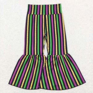 Mardi Gras Party Wear Baby Girls Purple Green Striped Bell Bottom Pants - Picture 1 of 8