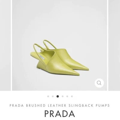 Prada Cuero Cepillado Punta Punta Triángulo Cuñas 2022 Nuevo Verde Ácido Talla 38 EE. UU. 8 Foto 1 de 4