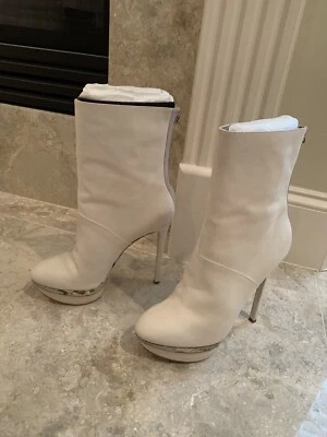 NIB BRIAN ATWOOD Sexy Fuveau Cream Leather Mid Calf Boots Snake Trim 8.5 EU 38.5 - Image 1 of 4