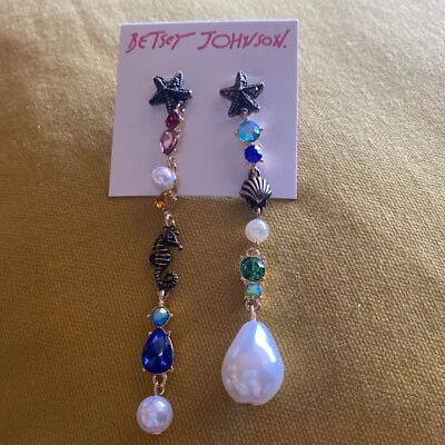 Betsey Johnson Gold Tone Linear Mismatch Drop Earrings Sea Life & Crystal NWT - Image 1 of 4