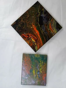 2 Abstract Art in Acrylics on Signed Stretched Canvas Oranges Blues & Greens - Picture 1 of 10