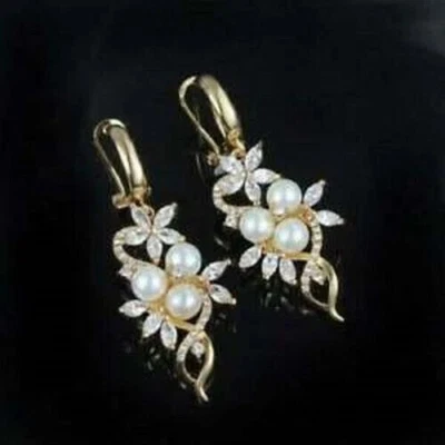 2Ct Round Cut Lab-Created Diamond Drop/Dangle Earrings 14k Yellow Gold Plated - Image 1 of 4