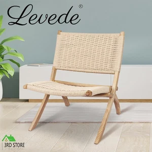 Levede Foldable Single Deck Chair Solid Ash Wood Kraft Rope Paper Woven Seat - Picture 1 of 12