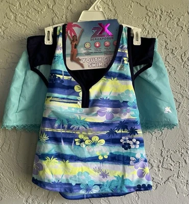 Купальник детский ZeroXposur комплект из 3 предметов - синий и желтый с цветочным рисунком - размер 10/12 - Изображение 1 из 4