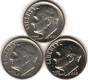 1968 P, D, S Clad ROOSEVELT DIMES IN UNCIRCULATED CONDITION (68 S IS PROOF) 013 - Picture 1 of 4