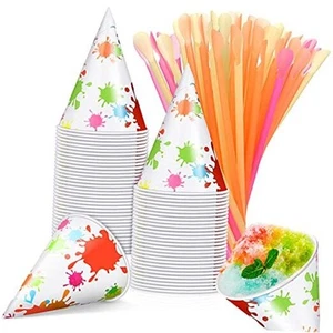 100 Pieces Snow Cone Cups 4.5 OZ Leakproof Cone Paper Cups Matching 100 - Picture 1 of 7