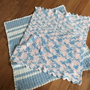2 Handmade Crochet Baby Blanket 1 pink blue & white 32”x34” & 1 blue white 37x34 - Picture 1 of 11