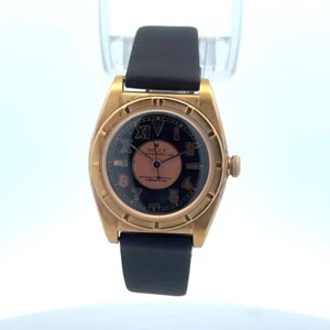 Rolex Oyster Perpetual Gold Filled Black & Rose Dial Brown Leather Band - Picture 1 of 5