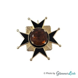 VTG Mid Century Maltese Cross Topaz Colored Glass Black Enamel Brooch Pendant - Picture 1 of 5