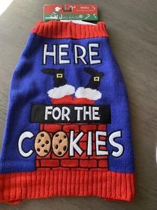 JOLLY KNITS - BLEU & ROUGE "ICI LES BISCUITS" - PULL DE NOEL chiot/chien SM - Photo 1/2
