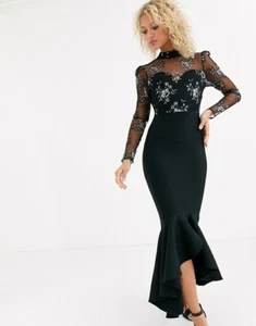 Forever Unique Embroidered Fishtail Maxi Prom Dress With Mesh Top Black Size 10 - Picture 1 of 5