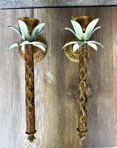 Pair Of Vintage Metal Palm Tree Wall Sconce Candle Holder 12 Inches Long - Picture 1 of 21