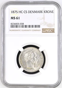 Beautiful!! Denmark, Christian IX, 1 Krone 1875 HC CS, Copenhagen Mint, NGC MS61 - Picture 1 of 4