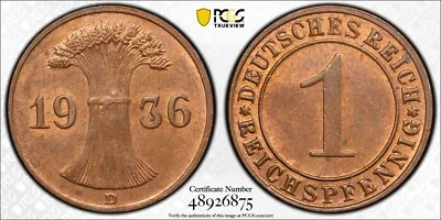 1936 D Weimar Germany 1 Reichspfennig PCGS MS64 RB Red Brown - Image 1 of 4