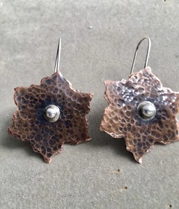 Lotus Flower Earrings in Copper and Sterling Silver-LARGE-Artisan made - Picture 1 of 6