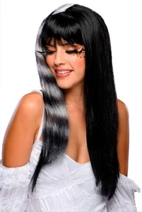 Womens Black & White Streaked Wig Kitty Cat Striped Raccoon Sexy Long Hair Adult - Picture 1 of 1