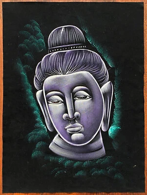 Pintura india acrílica original pintada a mano de Buda sobre terciopelo negro Foto 1 de 4